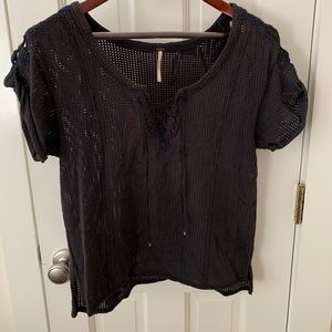 Free People Navy eyelet shoulder top